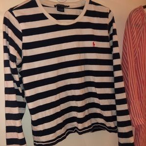 Striped navy and white polo shirt